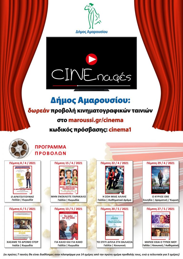 Δωρεάν προβολή εξαιρετικών κινηματογραφικών ταινιών διαδικτυακά από το Δήμο Αμαρουσίου (8/4/2021 – 27/5/2021) – Δήμος Αμαρουσίου