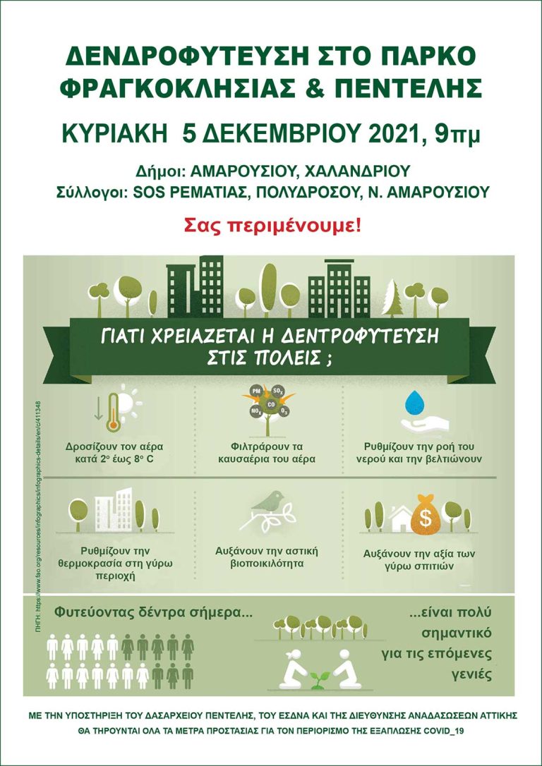 Δενδροφύτευση στο Πάρκο Φραγκοκλησιάς & Πεντέλης, με τη συμμετοχή του Δήμου Αμαρουσίου – Κυριακή 5 Δεκεμβρίου 2021, από τις 9:00 π.μ. – Δήμος Αμαρουσίου