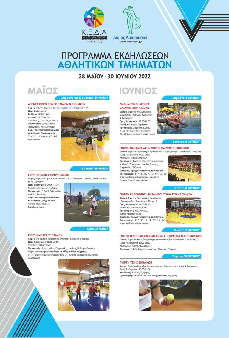 Πρόγραμμα Εκδηλώσεων Αθλητικών Τμημάτων Δήμου Αμαρουσίου, 28 Μαΐου – 30 Ιουνίου 2022 – Δήμος Αμαρουσίου