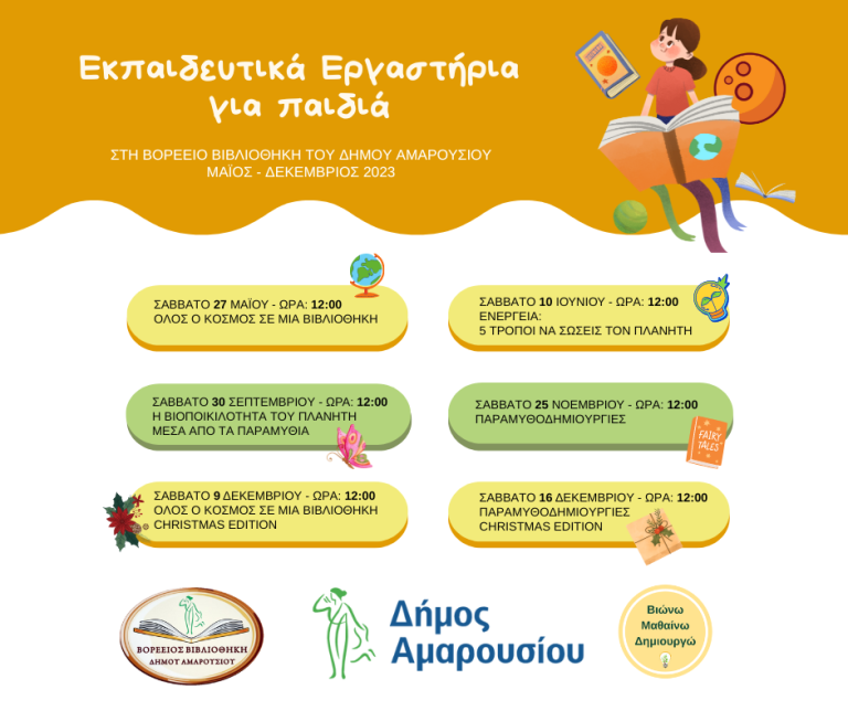 Εκπαιδευτικά εργαστήρια για παιδιά από τη Βορέειο Βιβλιοθήκη του Δήμου Αμαρουσίου, Μάιος – Δεκέμβριος 2023 – Δήμος Αμαρουσίου