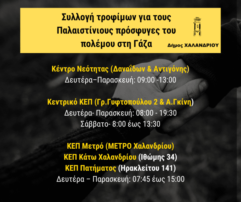 Συλλογή τροφίμων για τους Παλαιστίνιους πρόσφυγες του πολέμου – Δήμος Χαλανδρίου